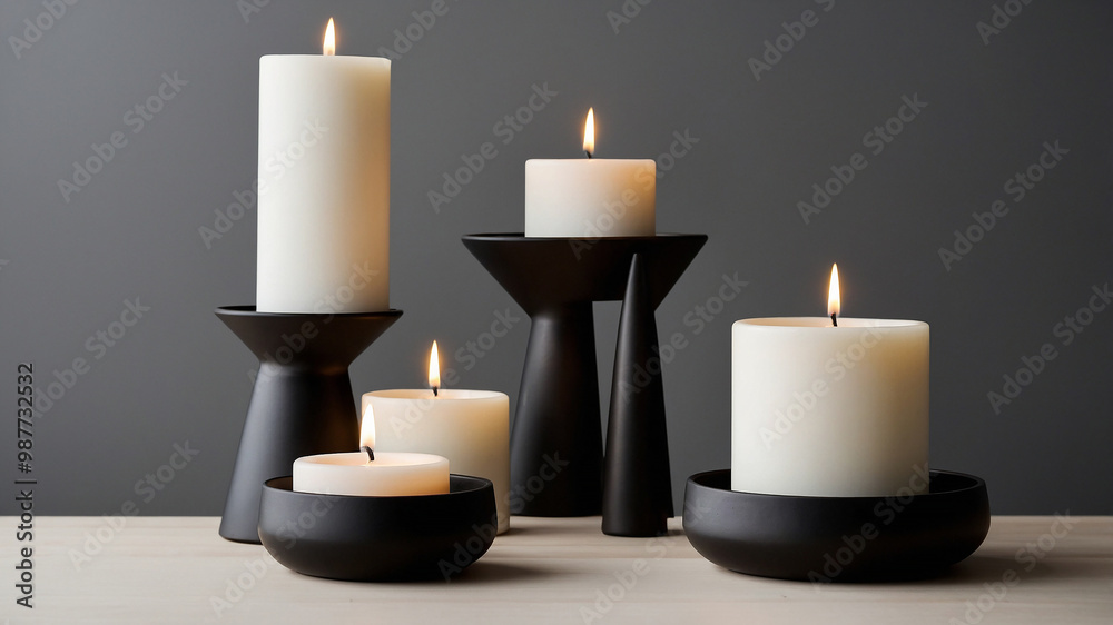 Five pillar candles with varying heights on a wooden surface against a neutral background, flames lit. Five pillar candles with varying heights on a wooden surface against a neutral background, flames lit.