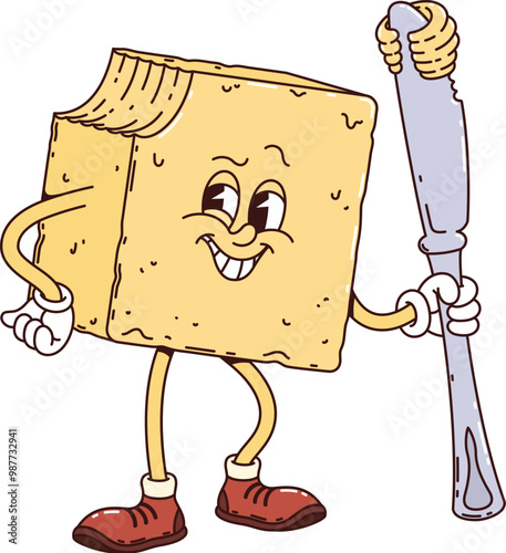 Butter retro groovy breakfast character. Isolated cartoon vector playful pat of butter, humorous food personage wearing red shoes, with a bite taken out of the corner, holding a knife and smiling