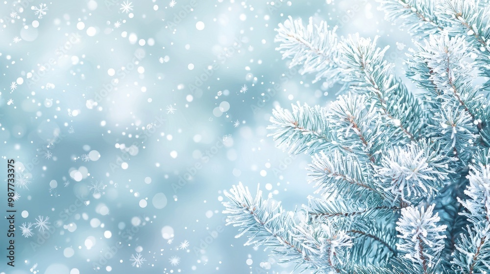 Snow-Covered Pine Branches with Bokeh Background Snow-Covered Pine Branches with Bokeh Background