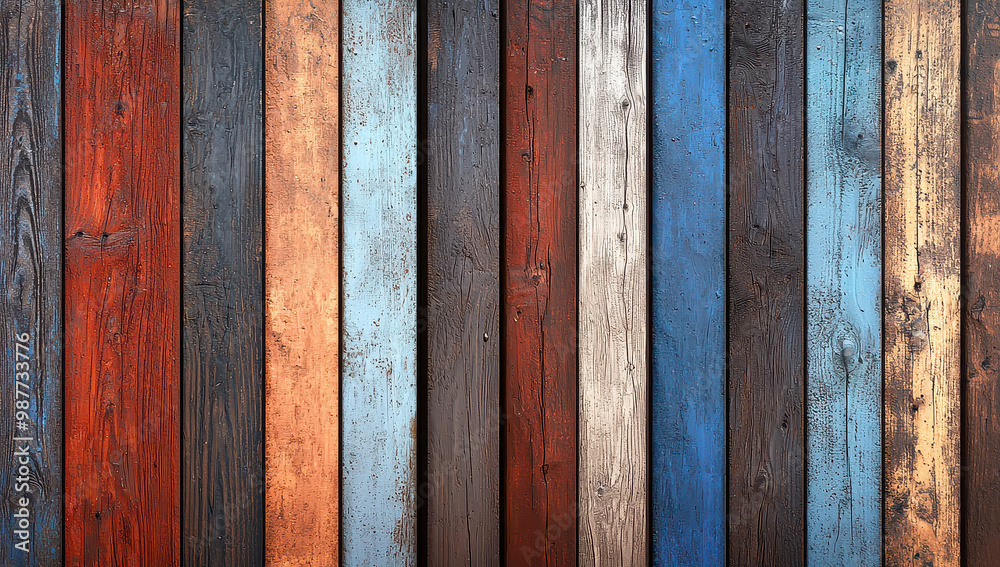 This image features vertical wooden planks in various vibrant colors, creating a stunning and rustic background that blends classic and contemporary aesthetics in interior design. This image features vertical wooden planks in various vibrant colors, creating a stunning and rustic background that blends classic and contemporary aesthetics in interior design.