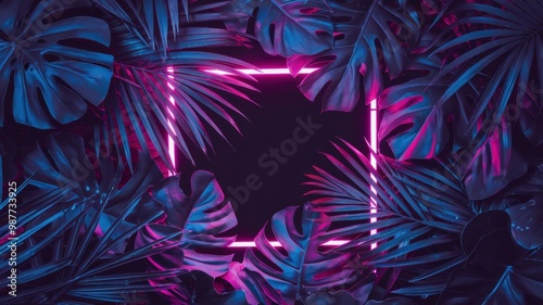 A photo of a vibrant and neon-lit square frame amidst a dense collection of tropical leaves. The leaves vary in size and shape, with some displaying prominent veins and others having smooth surfaces. 