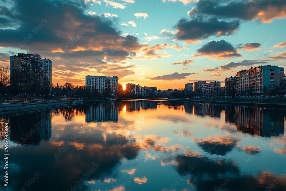 Cityscape silhouette at sunset reflected in calm lake water Cityscape silhouette at sunset reflected in calm lake water