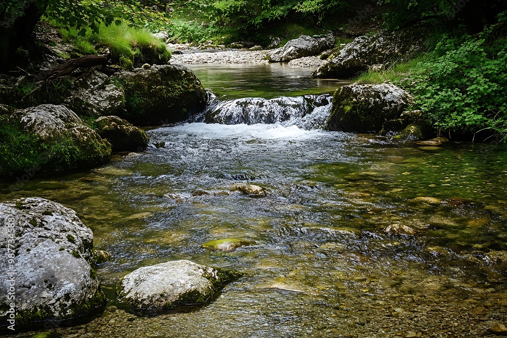 Tranquil flowing stream in the forest, with green foliage and large rocks Tranquil flowing stream in the forest, with green foliage and large rocks