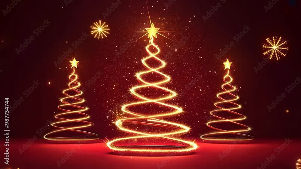 Glowing Christmas trees decorated with golden stars on a dark red background for festive greeting card and poster design Glowing Christmas trees decorated with golden stars on a dark red background for festive greeting card and poster design