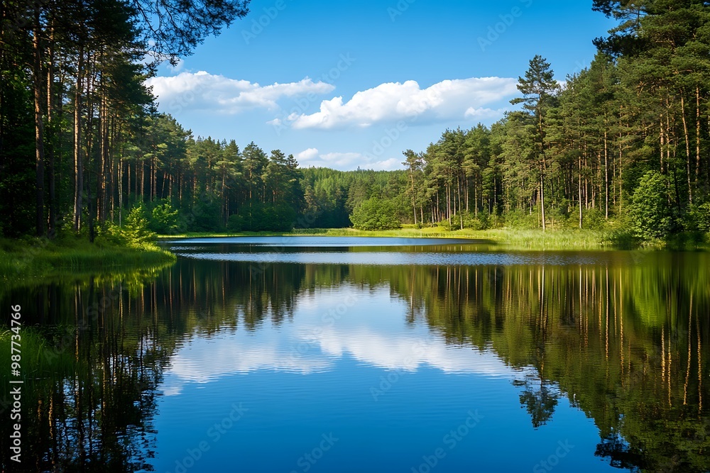 Obraz premium Tranquil Forest Lake Scene with Clear Blue Sky and Reflections