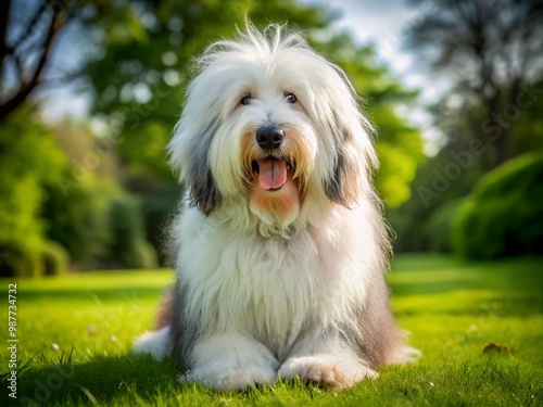 Playful Old English Sheepdog Sitting on Green Grass with Fluffy Coat and Bright, Expressive Eyes