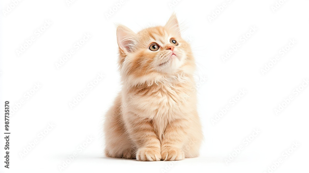 Obraz premium Adorable orange kitten looking upwards in soft light