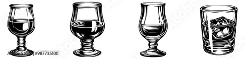 A collection of various drink glasses in different styles, showcasing their shapes and designs, ideal for beverages and cocktails.