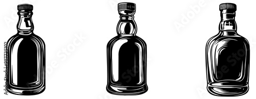 Three stylized glass bottles in silhouette, arranged in a row. The design emphasizes shape and form, suggesting potential beverage contents.