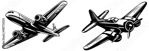 The image features two distinct aircraft designs, showcasing a vintage commercial airplane and a classic propeller plane, both illustrated in a sleek, monochromatic style.