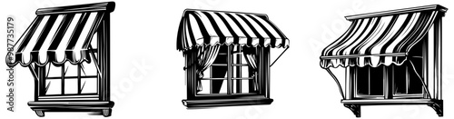 Three black and white illustrations of windows with striped awnings, showcasing different styles and designs.