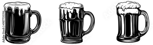 Three vintage-style beer mugs with foamy tops, showcasing different heights and fullness, set against a plain background.