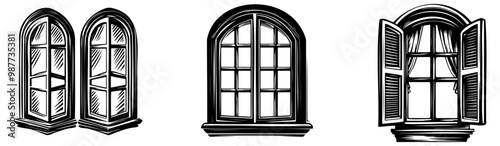 Three distinct window styles illustrated: double-hung, arched, and shuttered, showcasing architectural variety and design elegance.