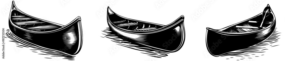 Fototapeta premium Three artistic illustrations of canoes, showcasing different angles and styles, set against a minimalist background.
