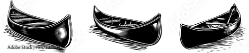 Three artistic illustrations of canoes, showcasing different angles and styles, set against a minimalist background.