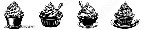 Four illustrated desserts depicting soft serve ice cream in various containers, showcasing different serving styles of this classic treat.