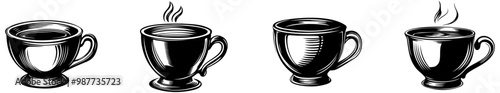 Illustration of four stylized coffee cups, each with steam rising, symbolizing warmth and the joy of sipping a hot beverage.