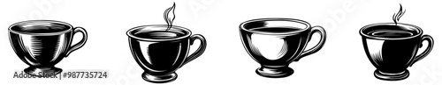 A series of four stylized coffee cups, each with steam rising, showcasing a minimalist design.