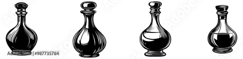 The image features a series of four elegant, vintage bottles, each with a unique shape and design, rendered in a black and white sketch style.