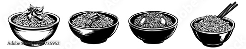 Four bowls of rice with varied ingredients, showcasing a culinary theme with different presentations.