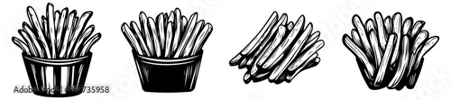 A vintage illustration featuring various styles of French fries in containers, showcasing different sizes and arrangements.