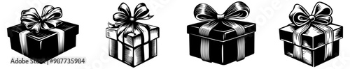 A set of four beautifully designed gift boxes, each adorned with bows, showcasing a classic black and white illustration style.