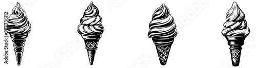 Four illustrated ice cream cones with soft-serve swirls, showcasing a playful and classic dessert motif.