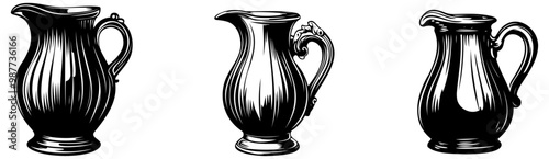 Three elegantly designed pitchers, each with unique shapes and details, showcasing classic craftsmanship.