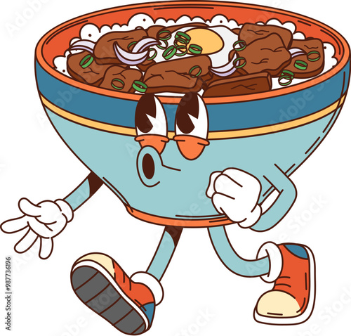 Cartoon groovy gyudon donburi character features a bowl filled with deliciously cooked beef and fried egg over rice. Vector Japanese food personage depicted playfully whistle while walking in sneakers