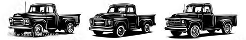 Three vintage trucks illustrated in a minimalist black-and-white style, showcasing classic automotive design and character.