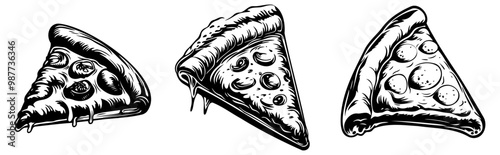 Three illustrated slices of pizza, showcasing different toppings and styles, highlighting the deliciousness of this popular dish.