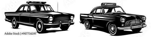 Two vintage police cars illustrated in black and white, showcasing classic designs with sirens on top. photo