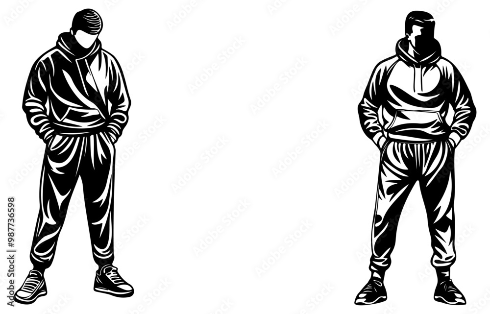 Two stylized figures in hoodies and joggers stand confidently, showcasing a casual urban fashion sense in a minimalist black-and-white design. Two stylized figures in hoodies and joggers stand confidently, showcasing a casual urban fashion sense in a minimalist black-and-white design.