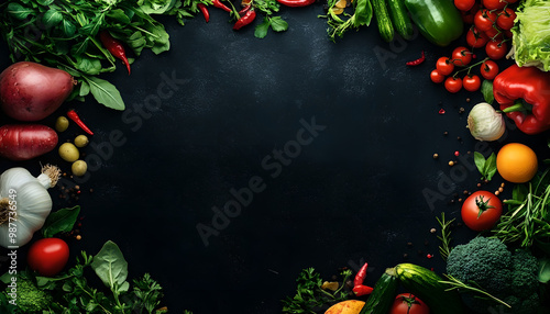 Healthy Food Ingredients Background: Top View of Fresh Vegetables and Fruits with Space for Text - Recipe and Menu Card Template