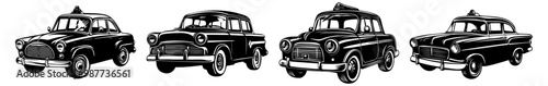 A series of four vintage black and white cars, showcasing classic automotive design and style from the mid-20th century.