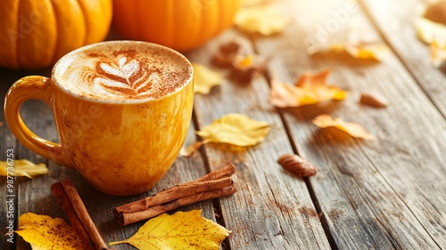 Pumpkin latte coffee with spices and cinnamon. Autumn hot drink on a rustic wooden table decorated with yellow leaves and pumpkin under the sun. Cosines, Halloween, warmth concept. Vertical  photo