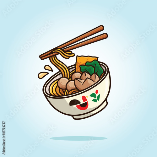 Delicious traditional Indonesian meatball noodle - Mie Bakso with chopstick on bowl. Food vector cartoon illustration