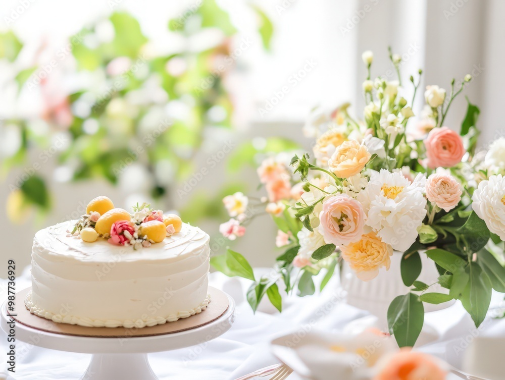 Elegant birthday brunch with a lemon cake, fresh flowers, and a bright, airy atmosphere Elegant birthday brunch with a lemon cake, fresh flowers, and a bright, airy atmosphere
