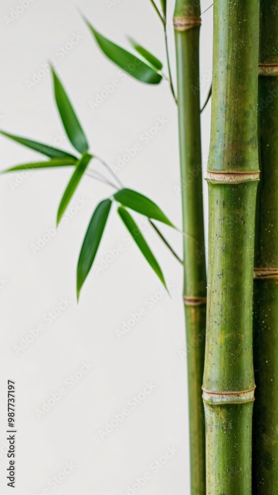 Close up of green bamboo stalks with leaves against a white background. Close up of green bamboo stalks with leaves against a white background.