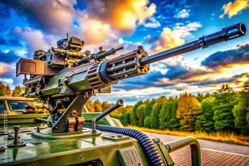 Powerful Heavy Machine Gun Displayed on Military Vehicle in an Army Training Ground Environment