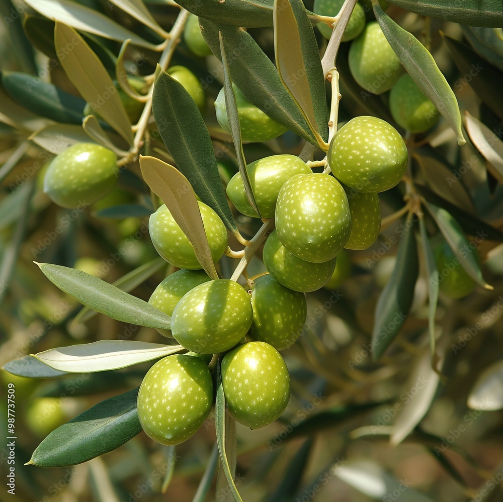 Close up of green olives on a branch with leaves.