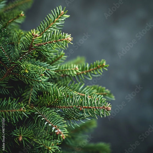 Close up of green pine tree branches with shallow depth of field.