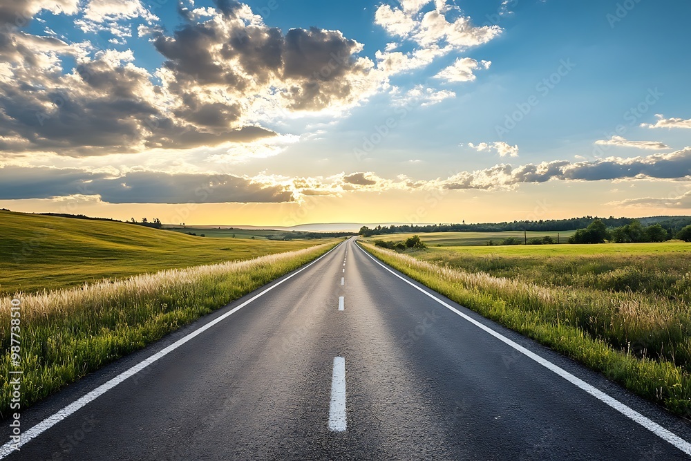 Asphalt Road Leading to Horizon with Sunny Sky and Green Grass Fields. Empty Straight Road Concept for Travel, Freedom, and Journey Asphalt Road Leading to Horizon with Sunny Sky and Green Grass Fields. Empty Straight Road Concept for Travel, Freedom, and Journey