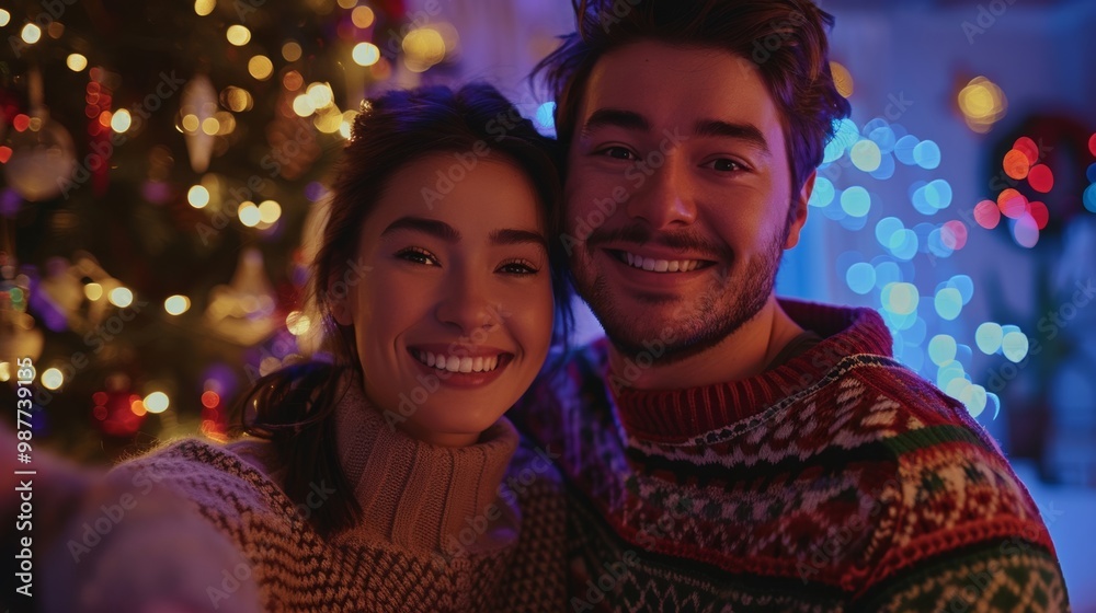 Joyful couple taking a selfie together at a Christmas celebration with a beautifully lit tree in the background, spreading festive cheer. Joyful couple taking a selfie together at a Christmas celebration with a beautifully lit tree in the background, spreading festive cheer.