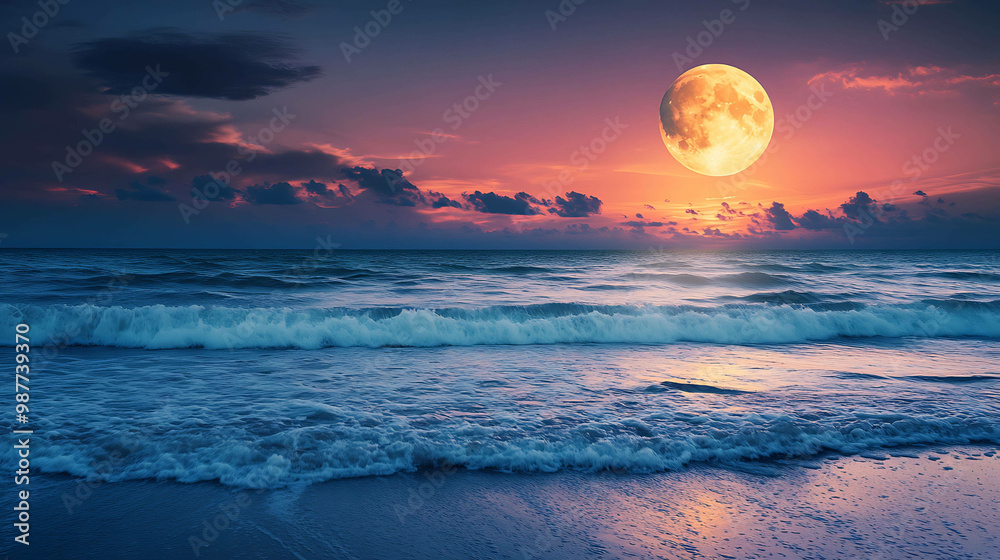 A large full moon shines over a calm ocean with waves lapping on the shore. A large full moon shines over a calm ocean with waves lapping on the shore.