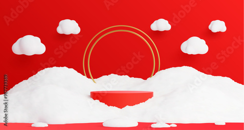 3d red Christmas podium with snow and golden arch. Vector festive scene surrounded by fluffy white snowdrifts and floating clouds with gold arc in the background. Bright stage for xmas holiday display
