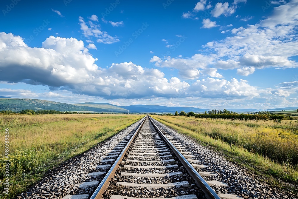 Straight train tracks disappearing into the horizon with blue sky and white fluffy clouds. Straight train tracks disappearing into the horizon with blue sky and white fluffy clouds.