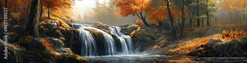 View of a small beautiful river forest waterfall in autumn nature background banner wallpaper AI generated image
