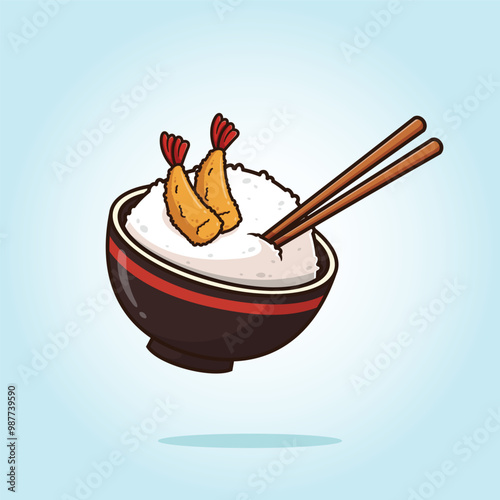 Rice bowl with tempura shrimp or Japanese Ebi Furai and wooden chopsticks. food vector cartoon illustration
