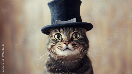 A tabby cat with big green eyes wears a black top hat. photo